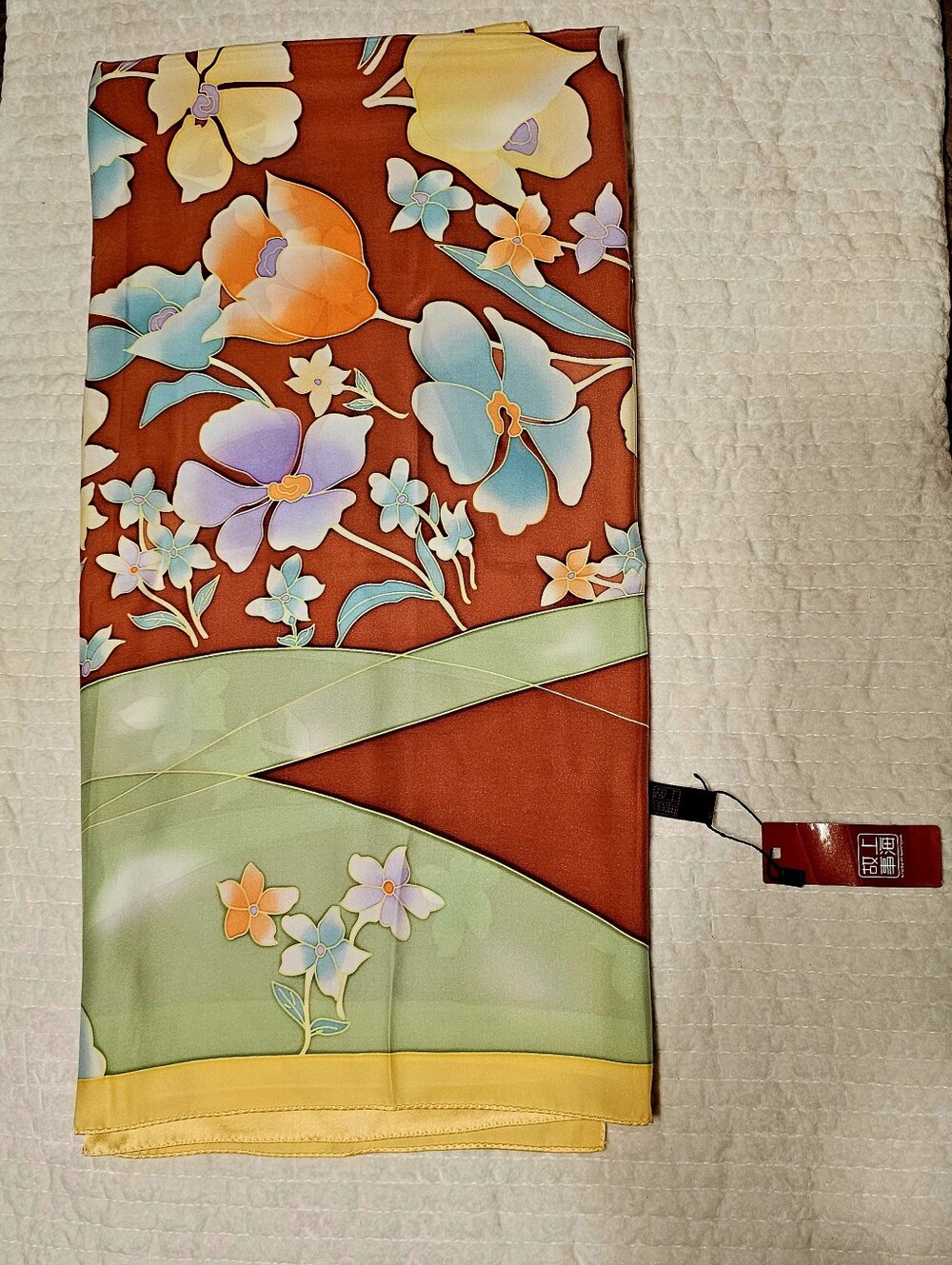 Story Of Shanghai Floral Silk Scarf in Rust & Pastel